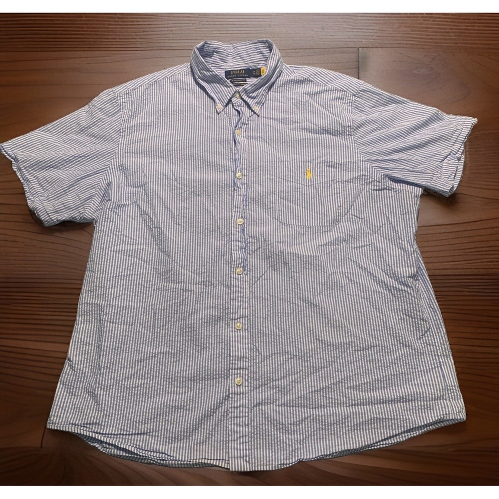 Polo Ralph Lauren Seersucker Shirt XXL Untucked Fit Guaranteed To Wrinkle Blue